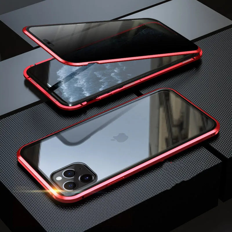 Glass anti-spy clamshell phone case for iPhone in multiple colours showing geometric pattern.