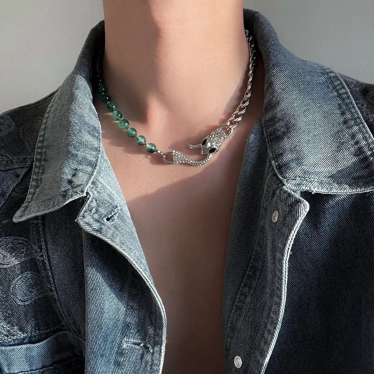 Shenlin Spirit Snake Stitching Lvzhu men's necklace in deep forest colour with titanium steel bone chain