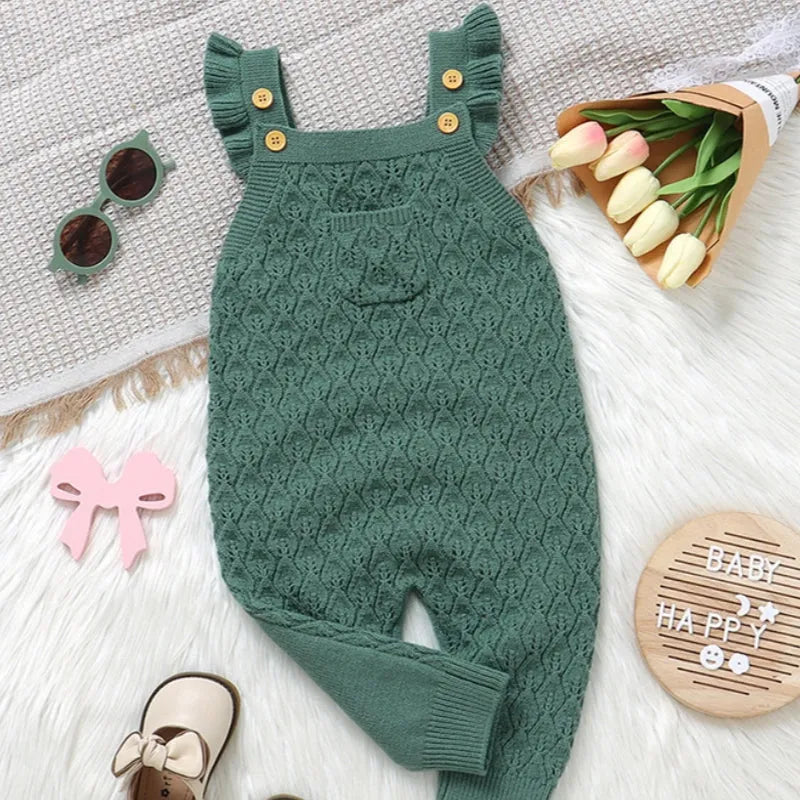 Infant girl solid colour flounced sleeve sling one-piece romper jumpsuit in green knitted polyester fabric