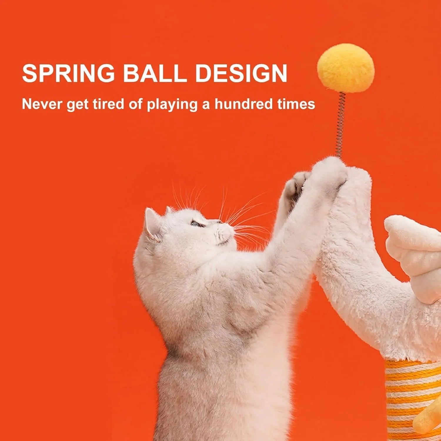 Yellow sisal cat scratching post with U-shaped design and spring ball toy