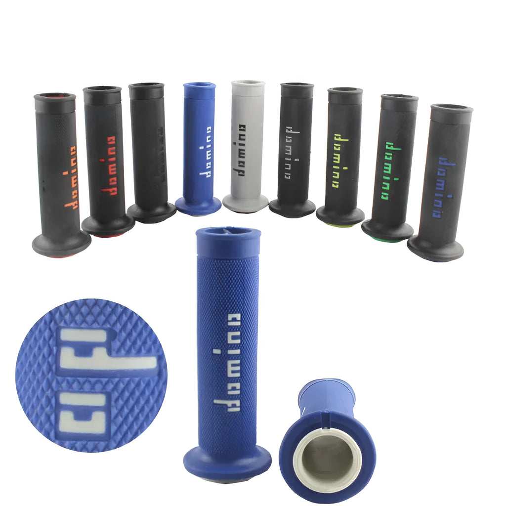 Pair of Domino motorcycle handle gel grips in assorted colours showing 22mm and 24mm size options