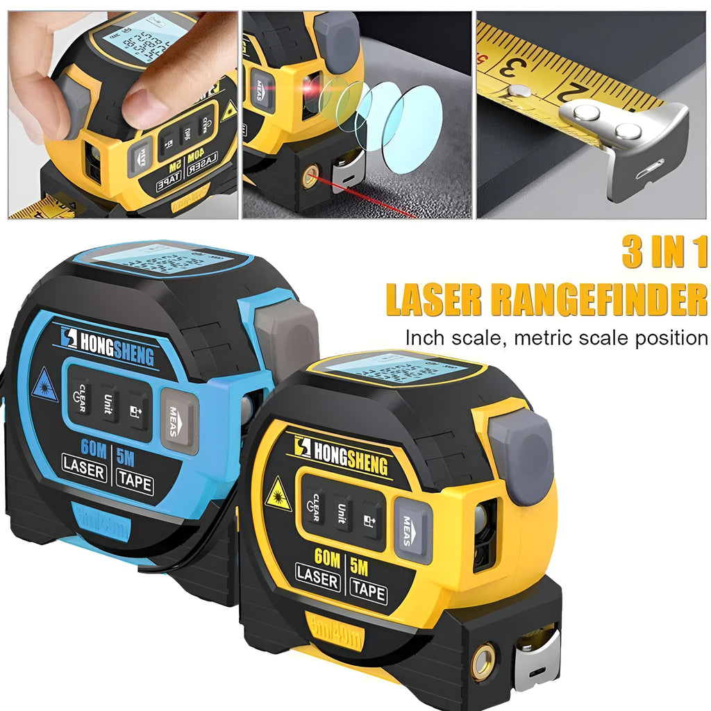 3 in 1 laser tape measure rangefinder with 5m tape ruler in blue for construction and DIY use