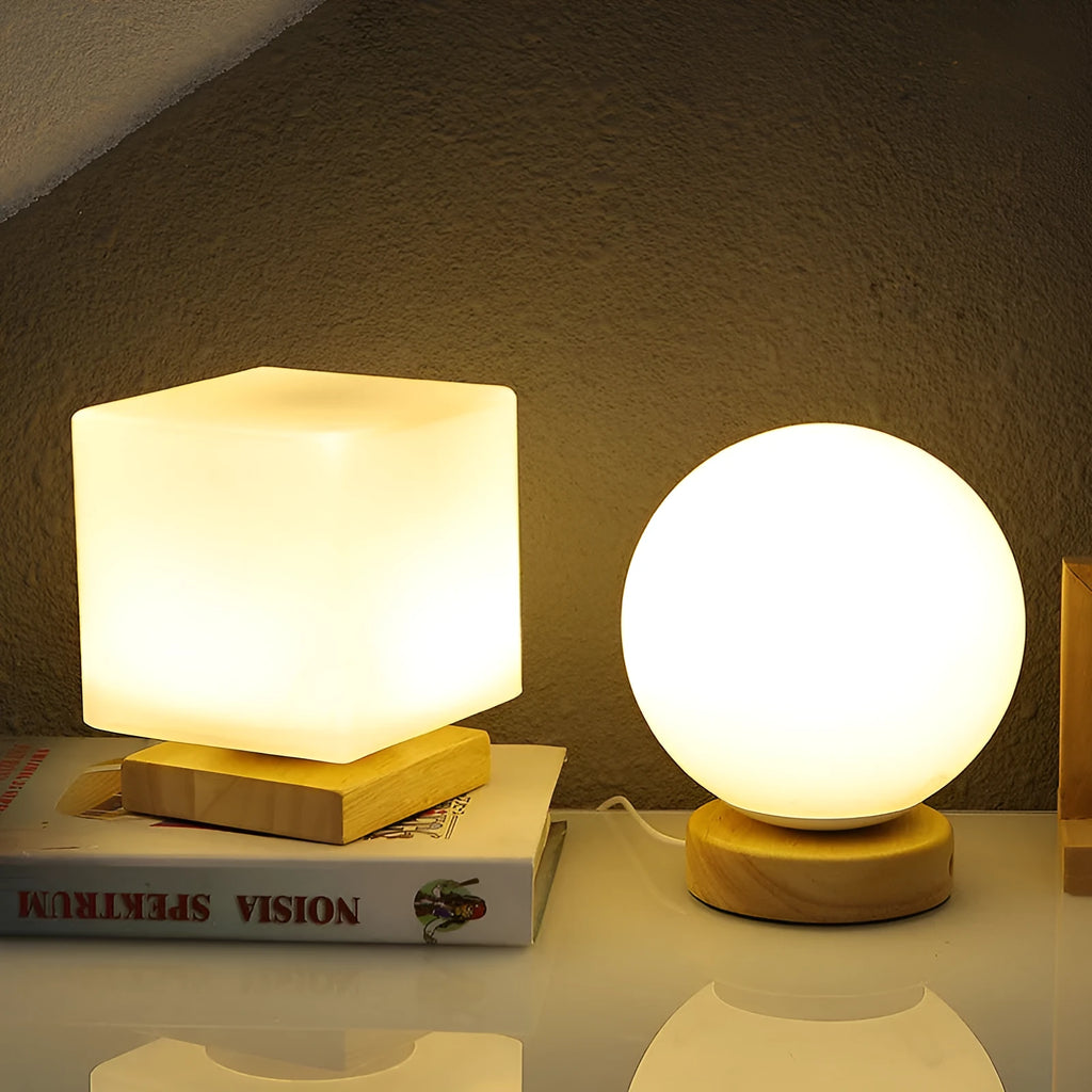 Nordic style solid wood USB table lamp in a white geometric shape with touch dimming.