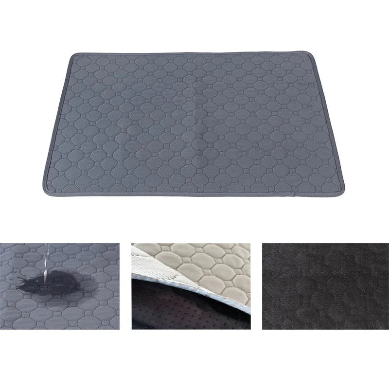 Grey and tan washable dog pee pads measuring 18x24 inches with triple-stitch binding