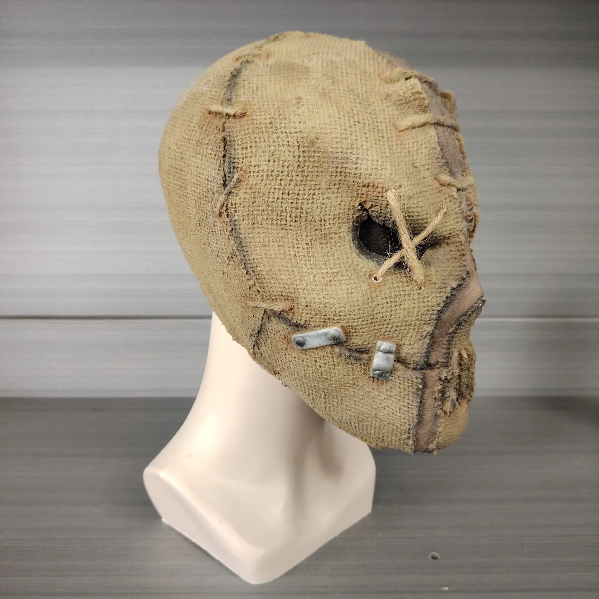 Latex scar skull horror mask head cover showing full-head coverage with detailed scarring