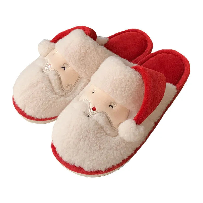 Red and white half-pack cute Santa Claus plush confinement slippers with suede upper and PVC sole