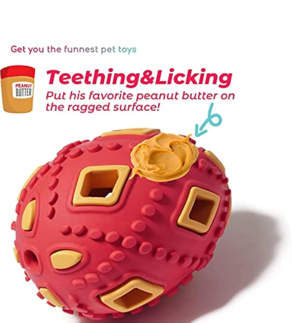 Egg-shaped puppy teething chew toy with hollow treat centre, ragged surface, purple or red, for small dogs.