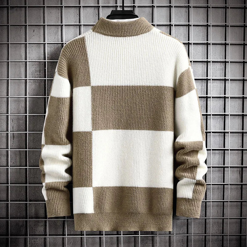 Polyester men's casual cardigan sweater coat in colour block design with black and white panels
