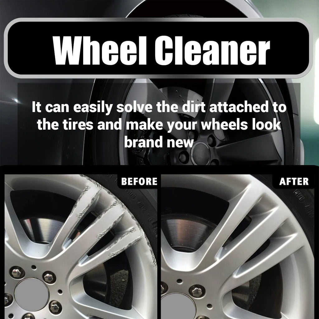 Car tyre cleaner kit showing 4.5x18.7cm spray bottle and 20x20cm microfibre towel for wheel cleaning.