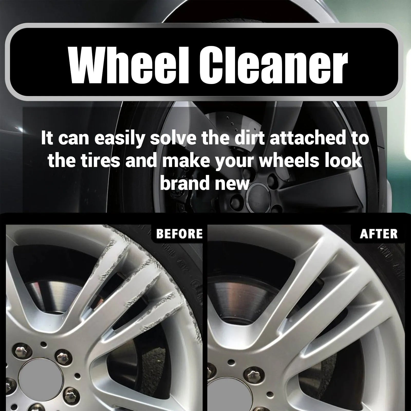 Car tyre cleaner kit showing 4.5x18.7cm spray bottle and 20x20cm microfibre towel for wheel cleaning.