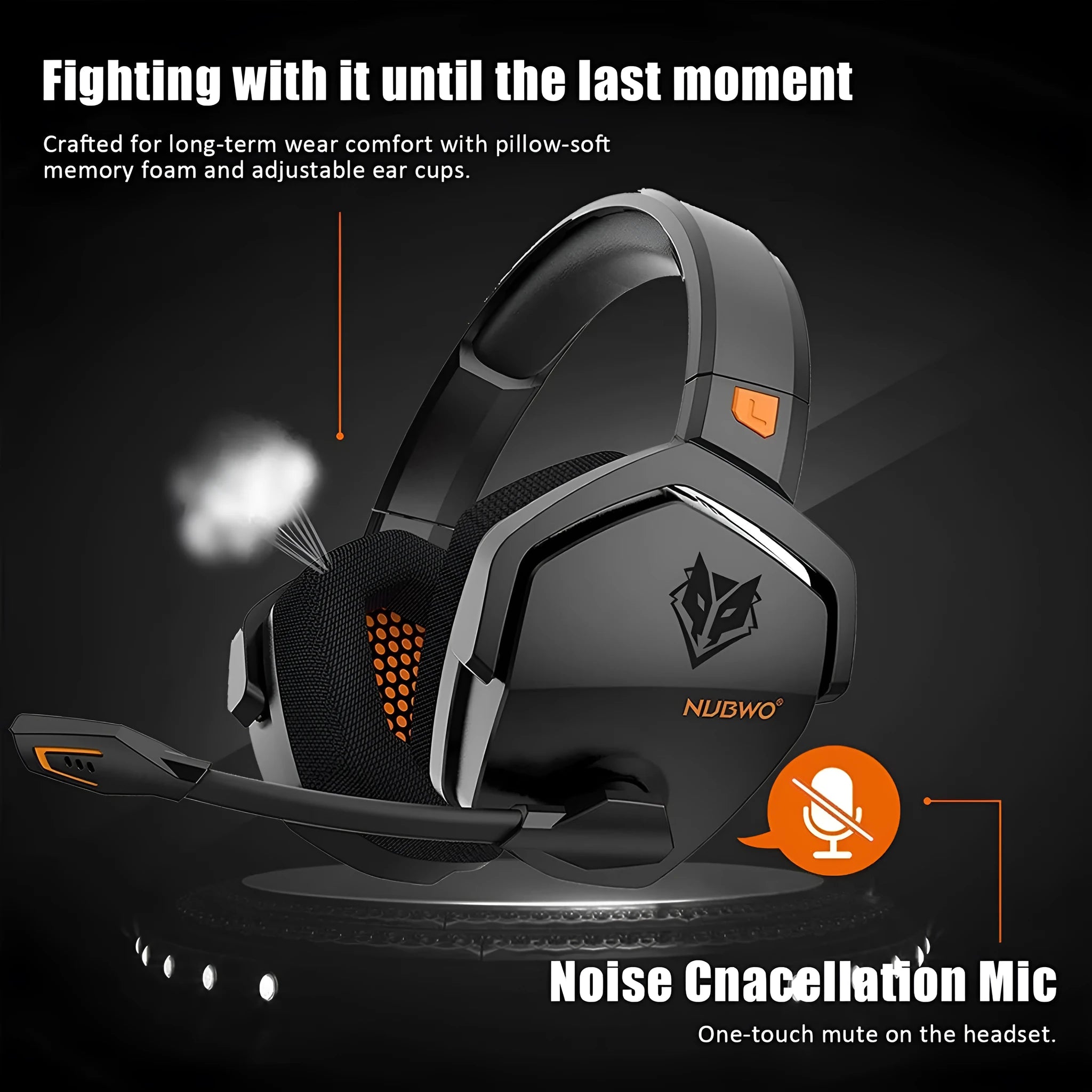 Black and orange wireless gaming headset with over-ear cups and a built-in microphone on a grey background.