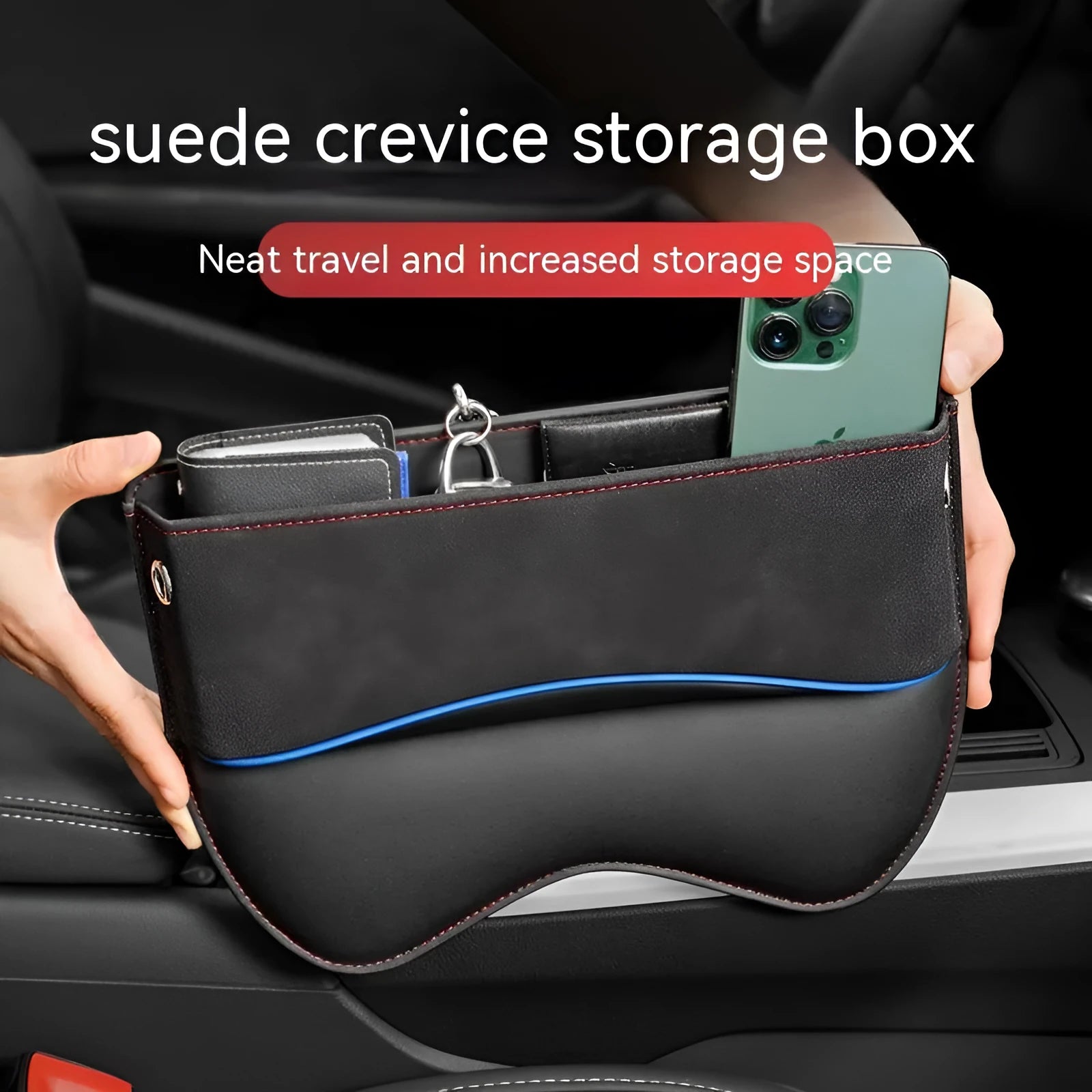 Leather car seat storage organiser box shown in a beige suede colour finish.