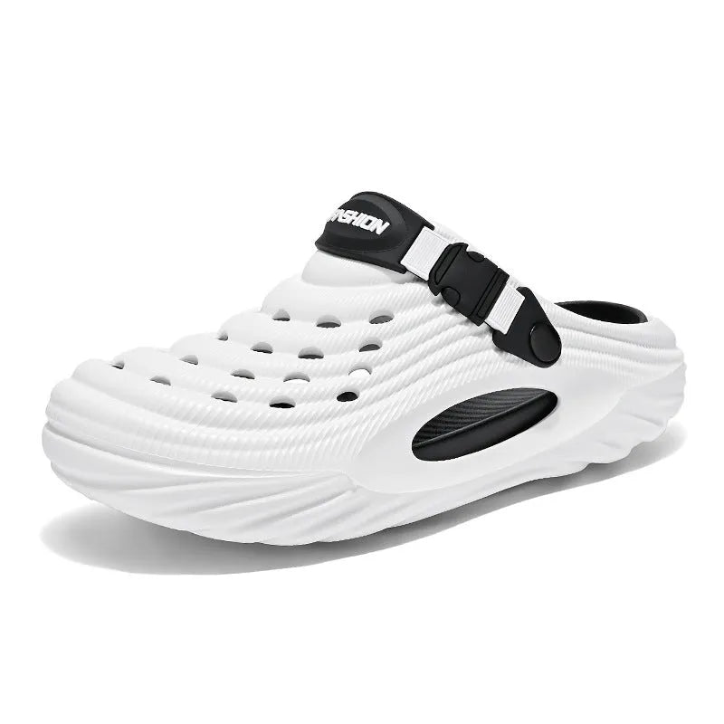 Men's black EVA casual slippers with hollow out pattern and platform sole