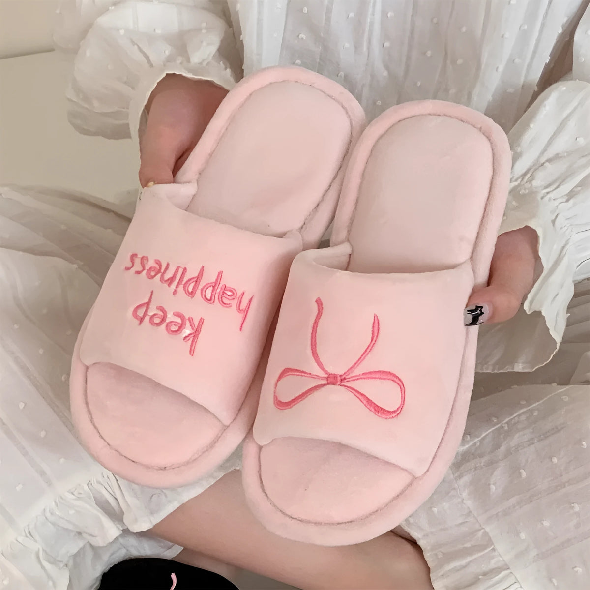 Ladies cotton slippers with letter pattern, bow, suede upper and flat non-slip PVC sole in beige yellow, pink or black