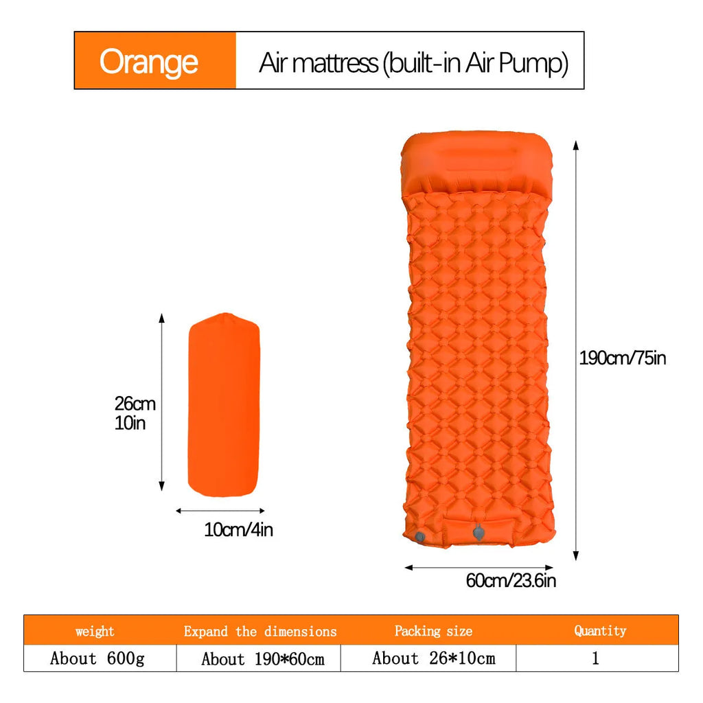 Single TPU inflatable mattress 190x60x5cm with foot pillow, shown in orange, blue, grey, or green