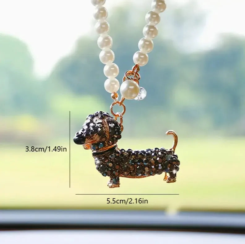 Dachshund car rearview mirror pendant in alloy, hanging car interior ornament in champagne, grey or black
