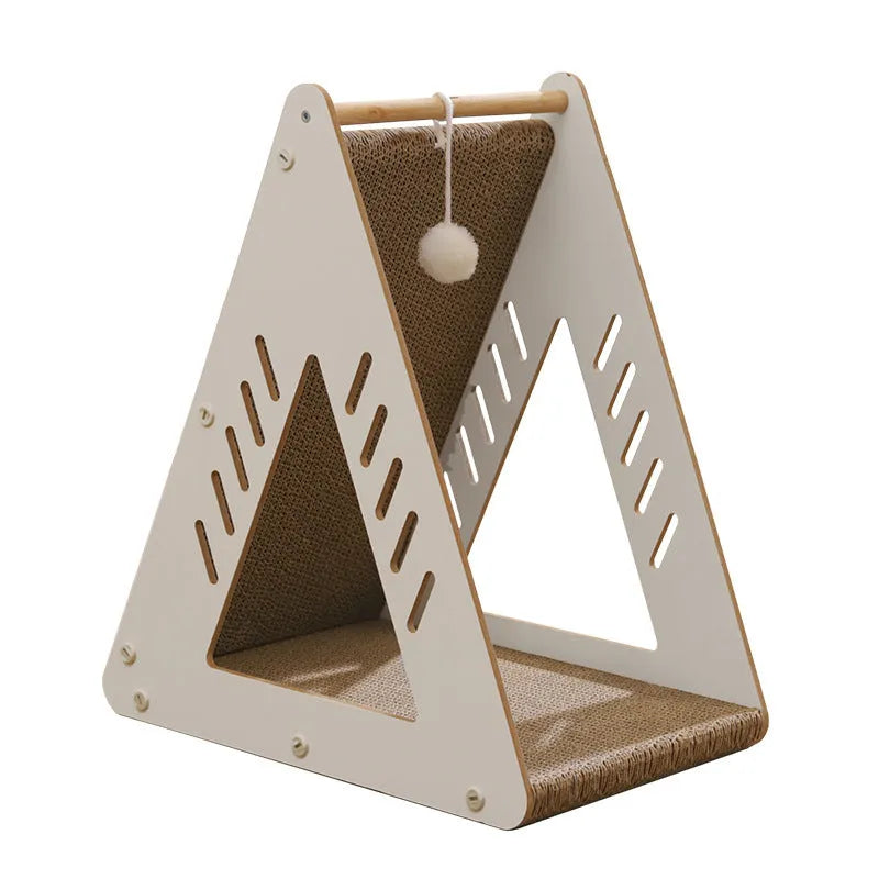 Triangular corrugated cardboard cat scratching board with MDF frame, nest and climbing function, plus replacement core.