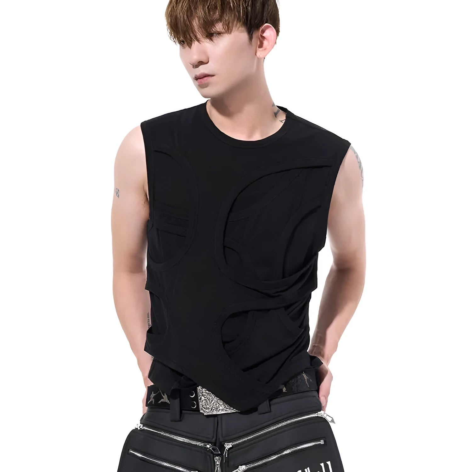 Man wearing a solid grey Lyocell vest, showing standard fit and round neck tank top style.