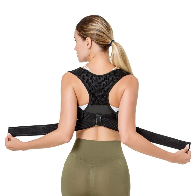 Black adjustable anti-humpback posture correction belt shown on size chart