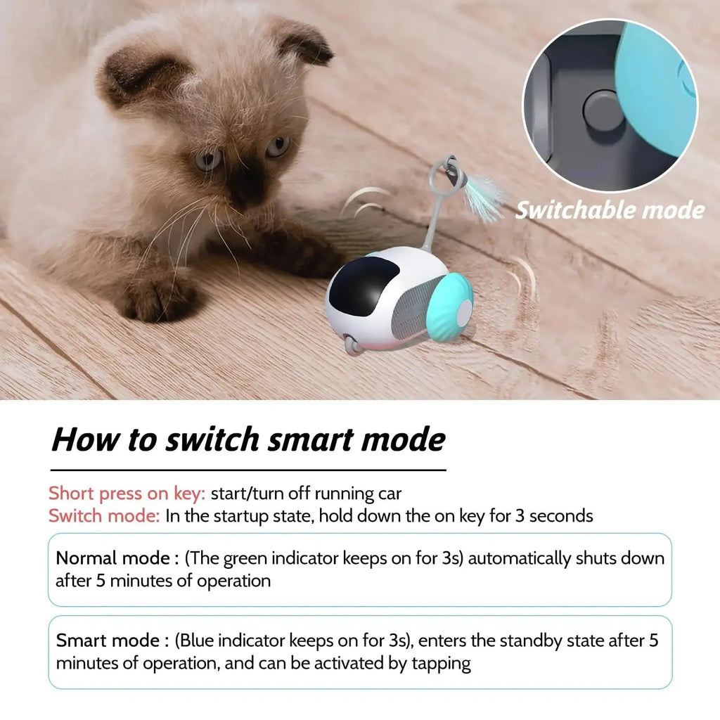 Blue and orange remote-controlled smart cat toy with feather teaser attachment and USB charging
