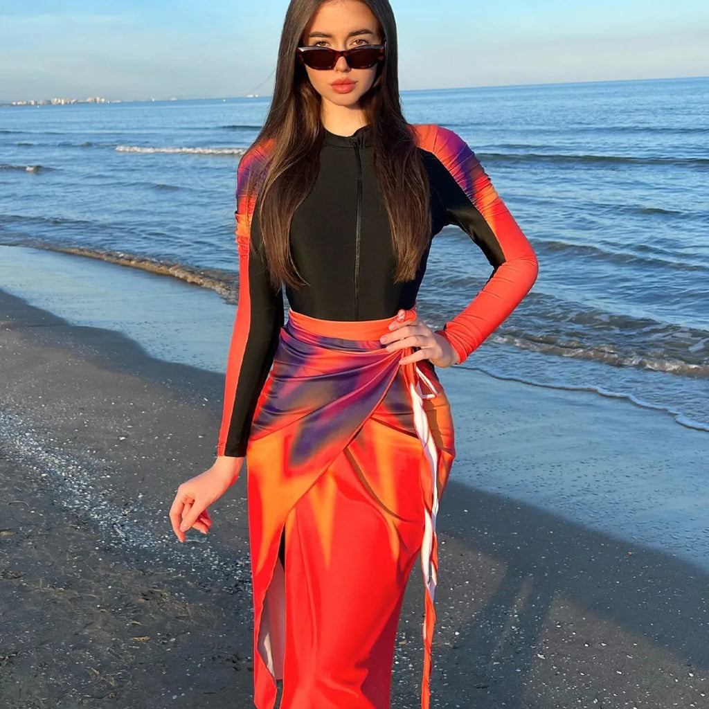 Sun Protection Beach Swimsuit Three-piece Set for Women in Conservative Style Polyester Colour 427