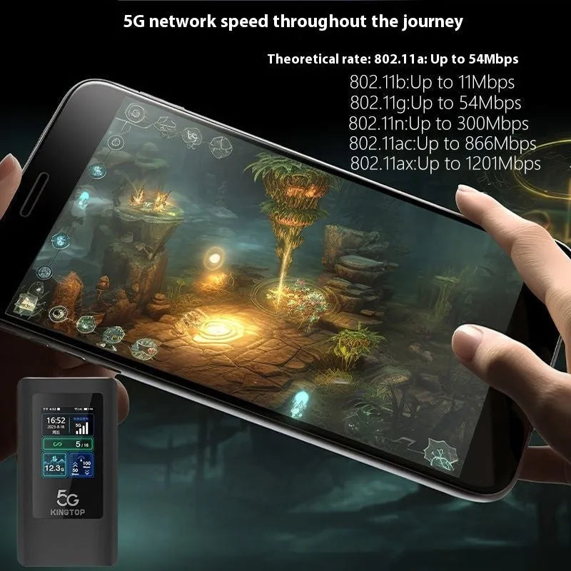 Black portable 5G MiFi router with LCD screen showing network status