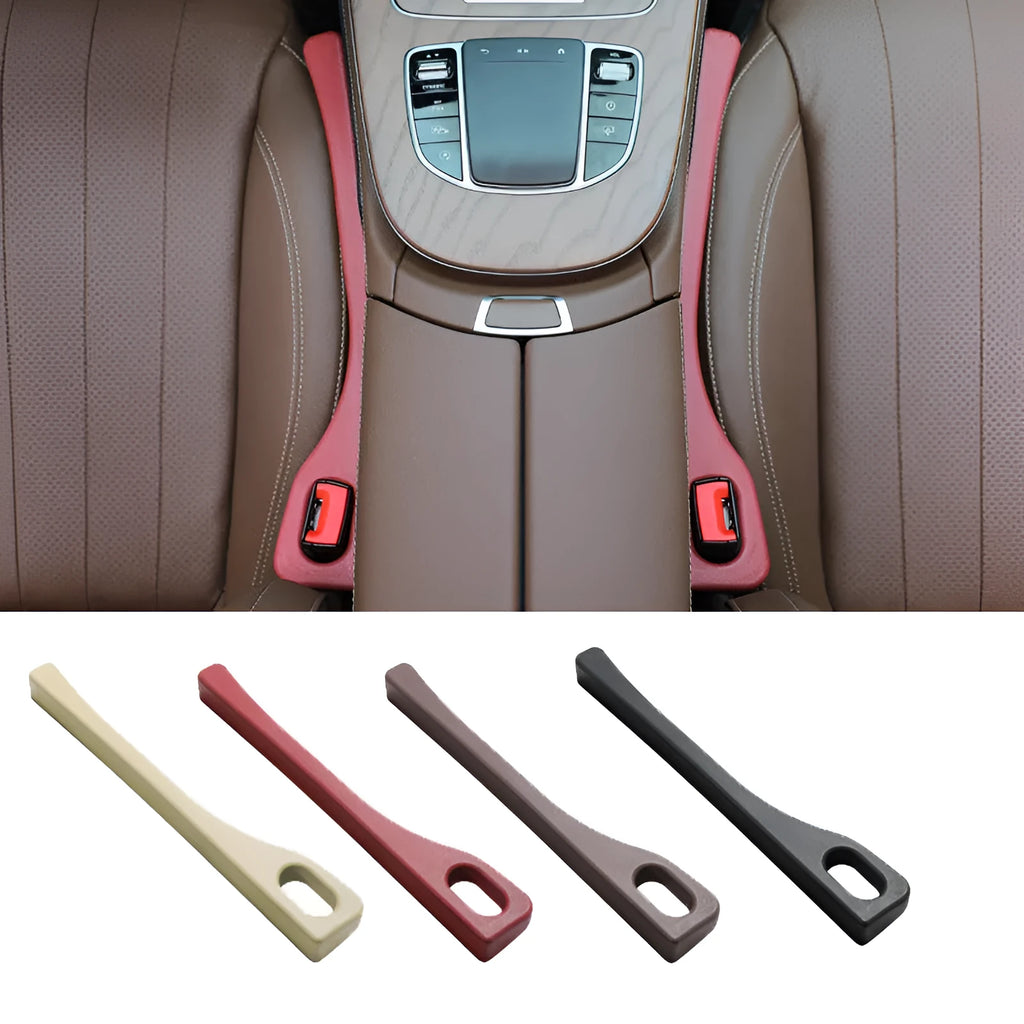 Polyurethane car seat gap strips in black, brown, red and beige colours for preventing items falling between vehicle seats