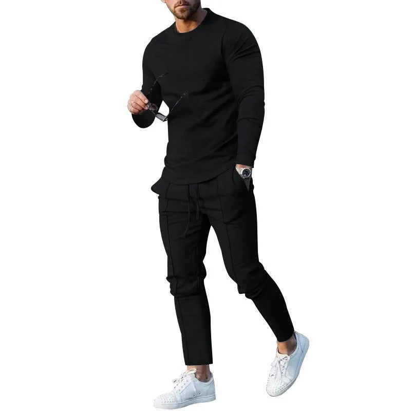 Men's light grey round-neck long sleeve t-shirt and trousers two-piece polyester suit set