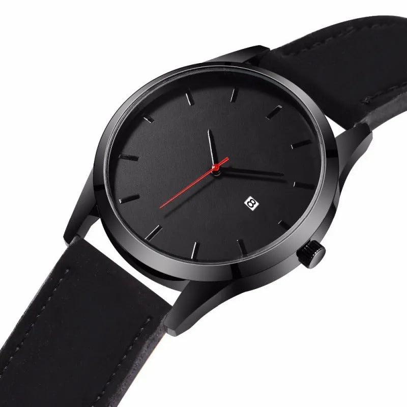 Men's casual quartz watch with 42mm dial, calendar, and matte leather strap in black or brown.