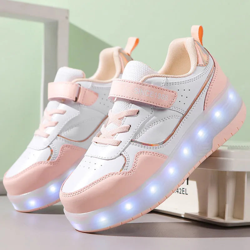 Child wearing pink charging flash roller skates with LED light-up wheels illuminated.