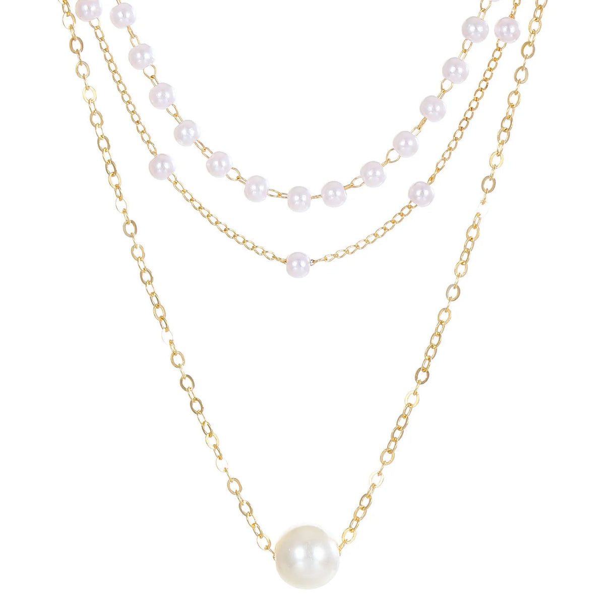 Three-layer pearl chain necklace with imitation pearl leaf, U-shaped and geometric pendants in gold and white K