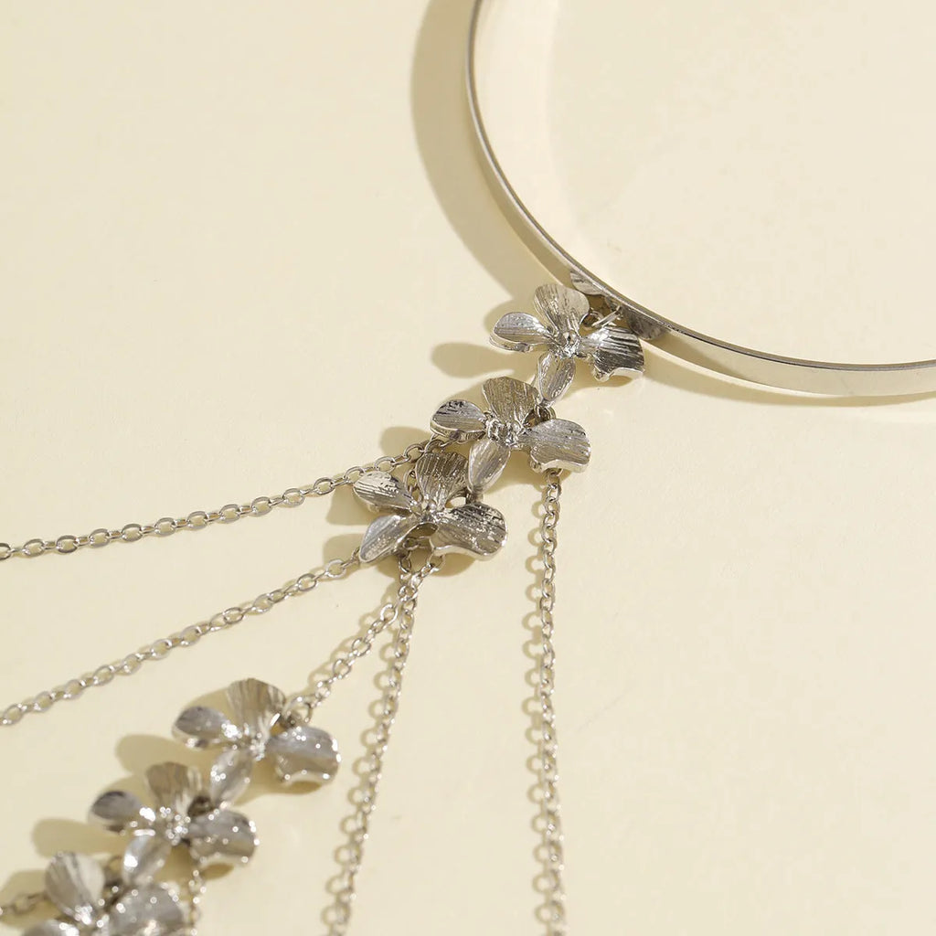Metal arm chain bracelet with ethnic butterfly flower tassel design in 03 White K0315 electroplated finish