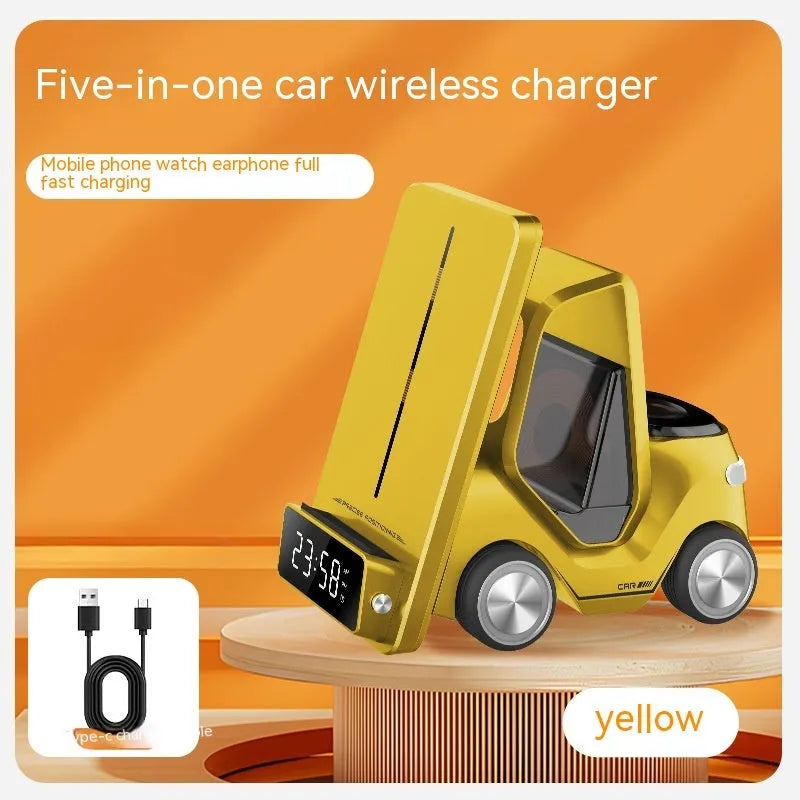 Grey, white, yellow, and orange coloured 15W three-in-one wireless fast charging stand for mobile phones.