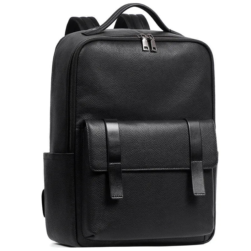 Men's black genuine leather computer backpack with 36-55 litre capacity and business styling