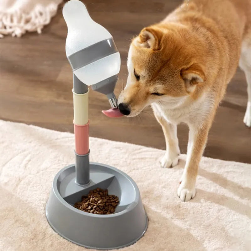 Green adjustable standing water dispenser for pets with a separate bowl and detachable pole