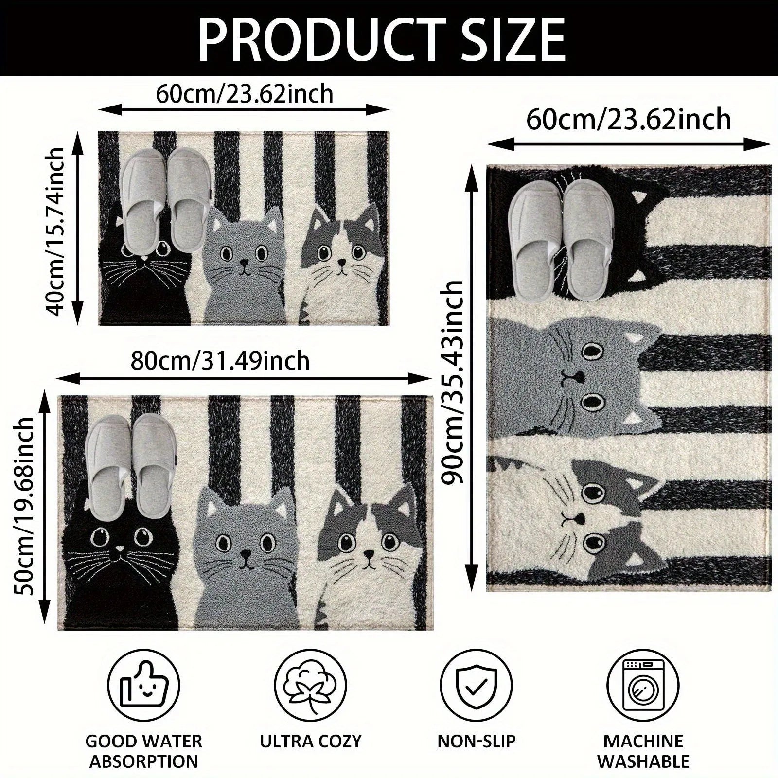 Bathroom absorbent floor mat with three kittens cartoon design, thick cashmere surface, 40x60cm size