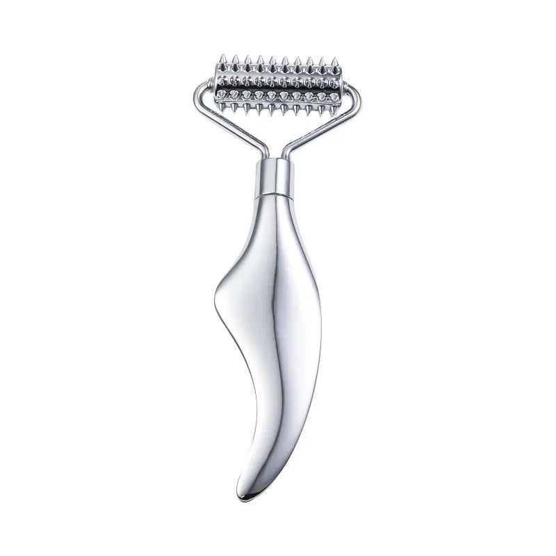 Stainless steel double-headed facial roller, heart-shaped acupressure stick, and scraping plate on a white background.