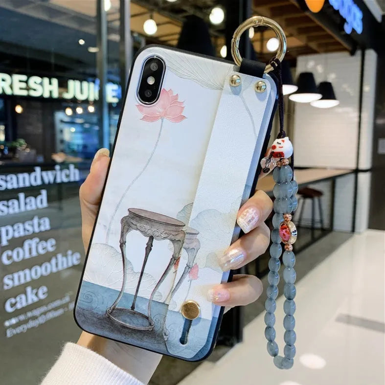 Rose flower design wrist strap phone case compatible with iPhone models in multiple style options