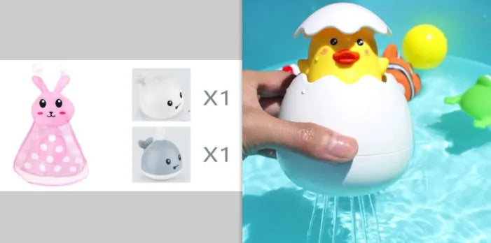 Automatic electric whale bath toy spraying water with LED lights on, floating in a baby bath.