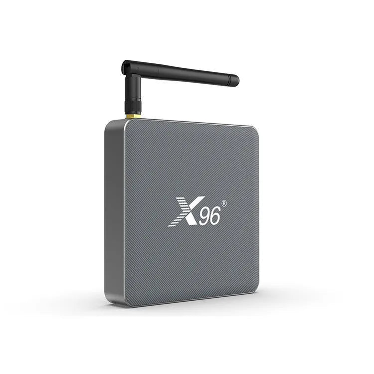 Android smart set-top box with remote control showing dual-band WiFi and Bluetooth connectivity options