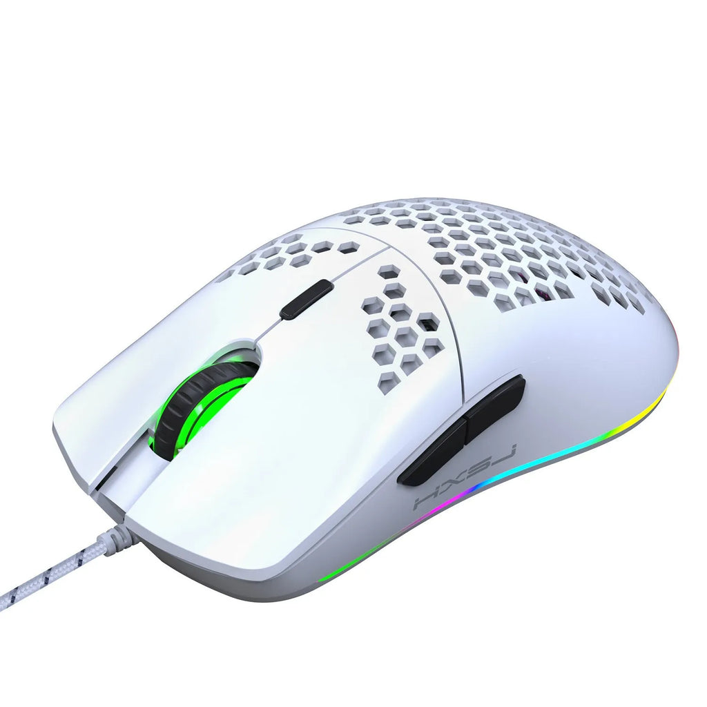 J900 lightweight honeycomb shell wired RGB gaming mouse in black with 6 programmable buttons and 150cm USB cable