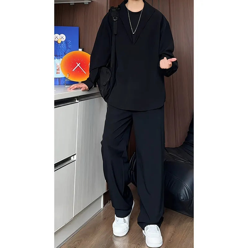 Men's black casual two-piece suit with long sleeve polo shirt and matching trousers slim fit