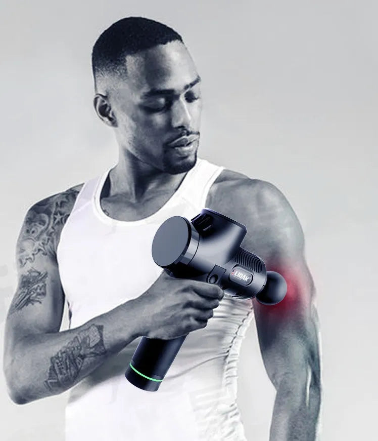 Fascia massage gun with 24V brushless motor, 30-speed control, six soft massage heads, and 2400mAh lithium battery in black.