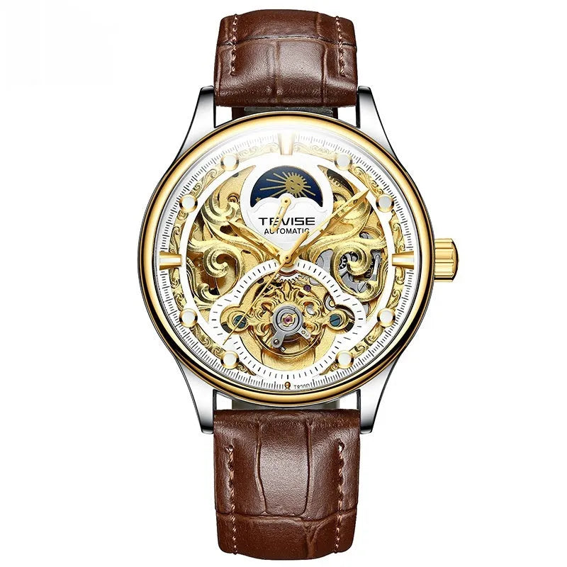 Men's waterproof automatic mechanical watch with leather strap in business style
