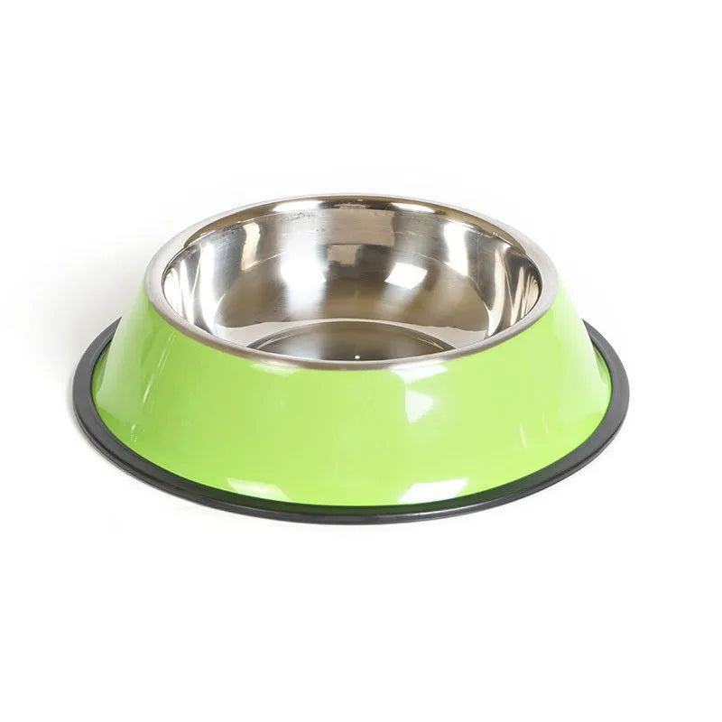 Stainless steel and melamine pet feeding bowl with non-slip base in multiple colour options