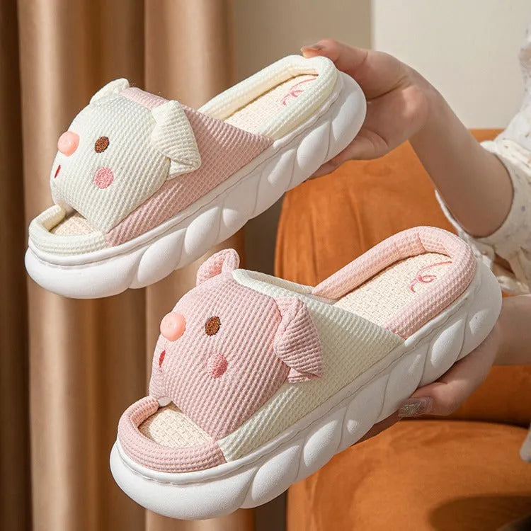 Open-toe linen couple slippers in four colours with PVC soles and sewn construction