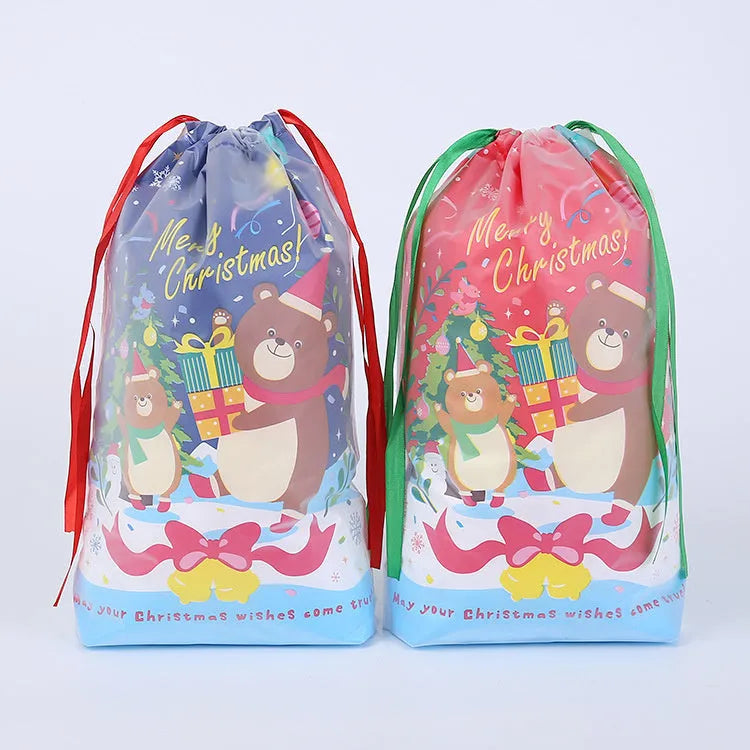 Christmas gift bag with drawstring pull string in plastic cartoon style, available in blue, bright red, green, or red