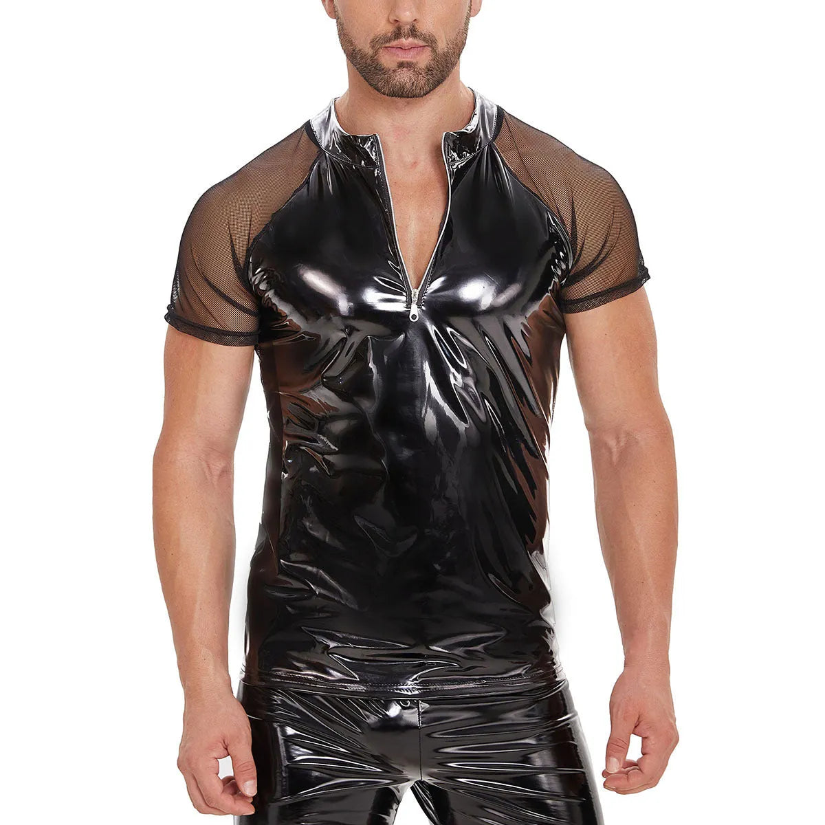 Men's black PVC mirror polished leather jacket, slim-fit, short-sleeved, with spandex lining, model view