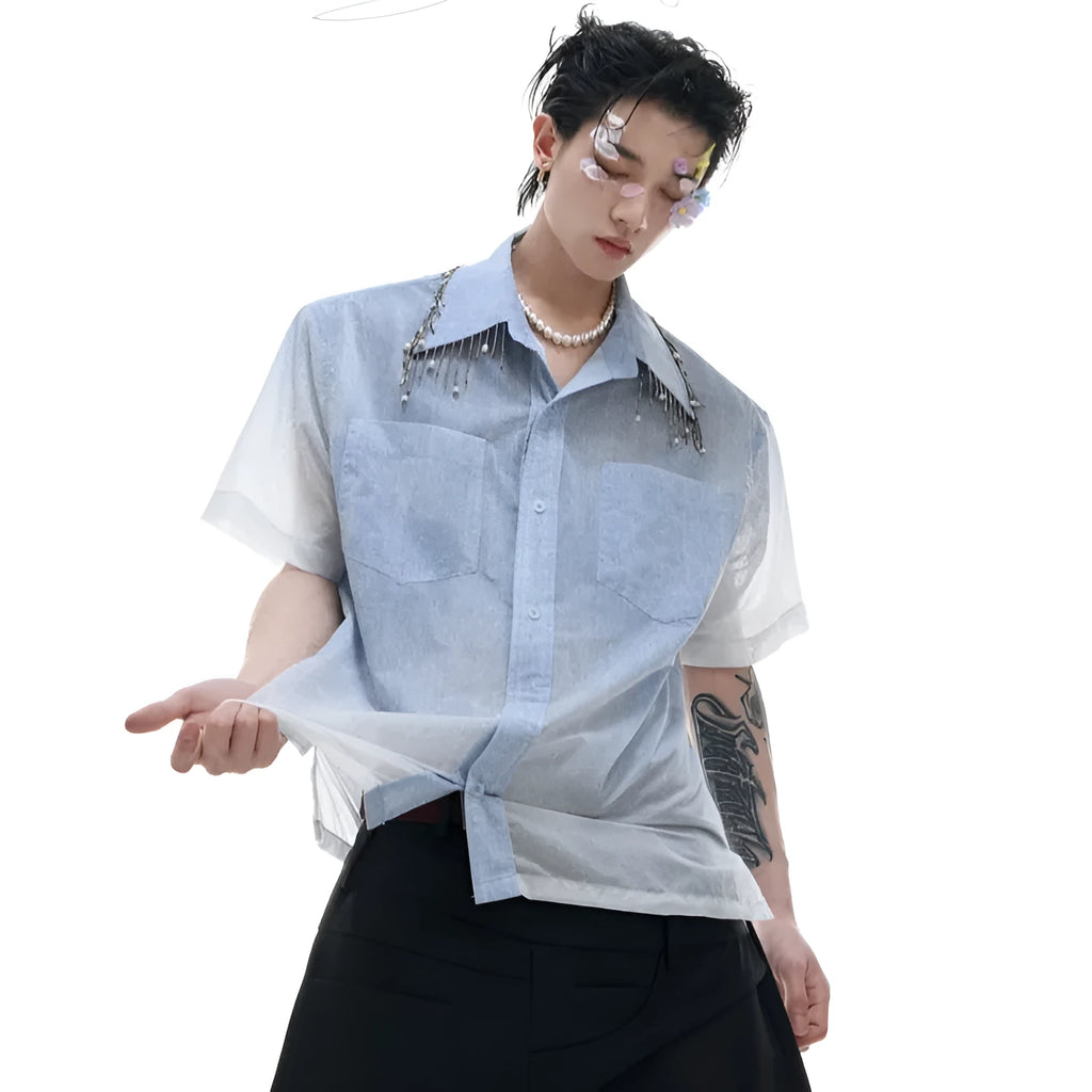 Blue to white gradient loose-fit short sleeve polyester shirt on a hanger.