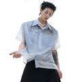 Blue to white gradient loose-fit short sleeve polyester shirt on a hanger.